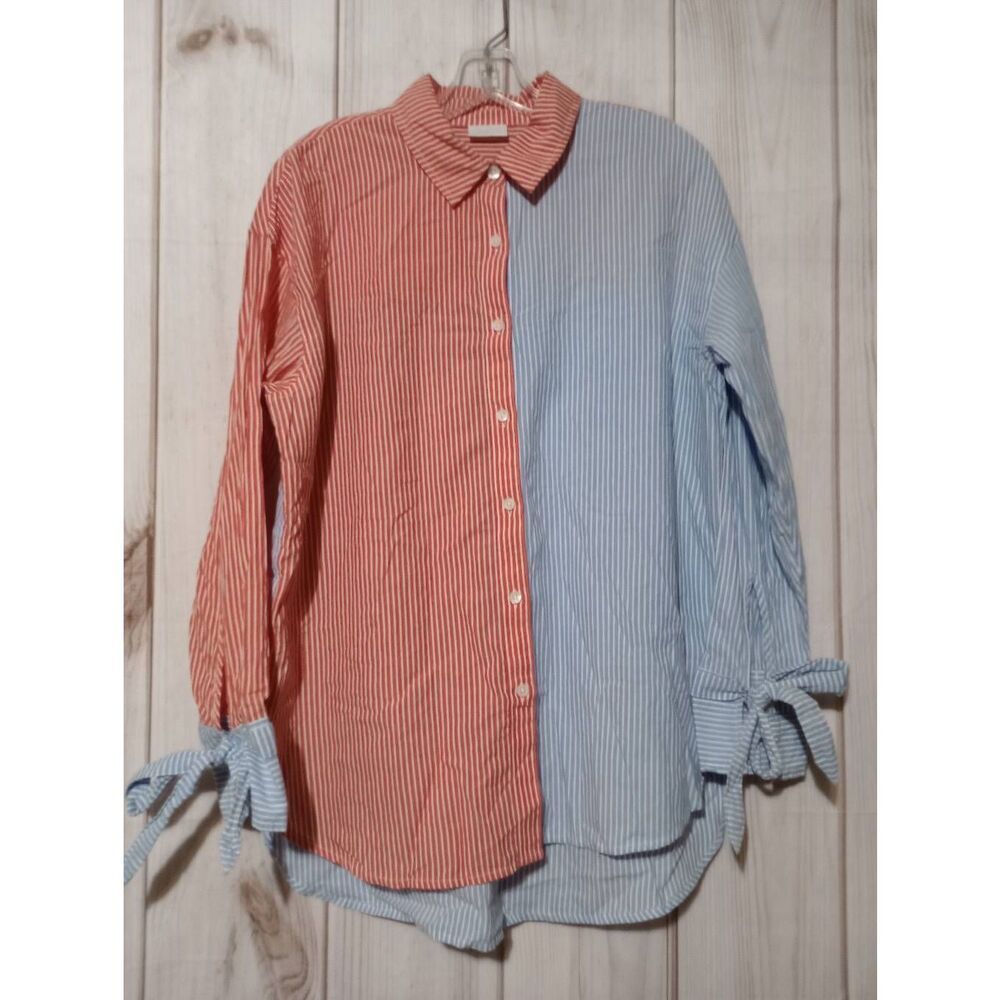 Abound Shirt Ladies Medium Oversized Red Blue Button Front‎